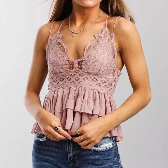 Free People Tops - Free People Adella Cami Pink Mauve Boho Lace Strappy Blouse Top Size Small (S)